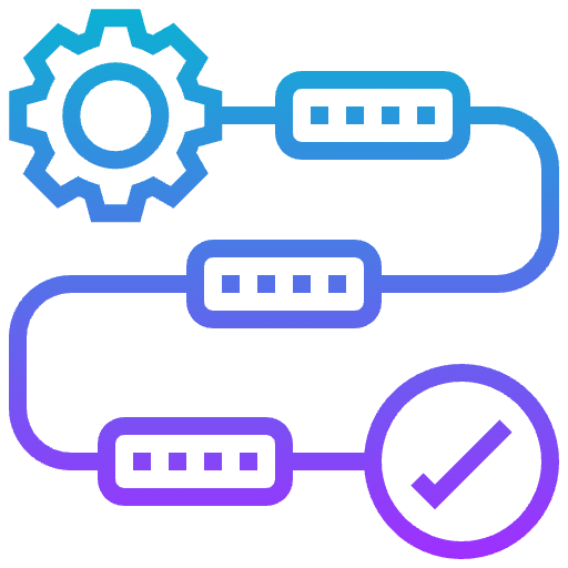 Workflow from gear to completed checkmark representing implementation